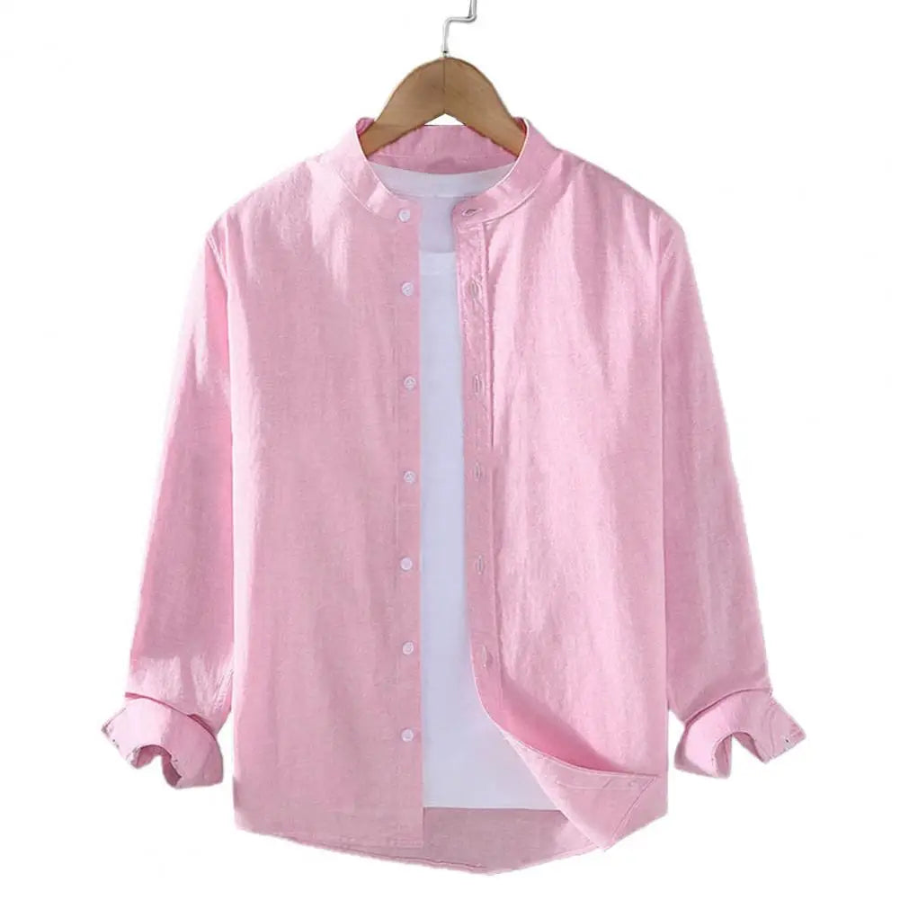 Flax Men Spring And Summer Stand Collar Long Sleeve Fashionable Men's Shirt Cotton Linen Shirt for Men Vintage Vacation Shirts