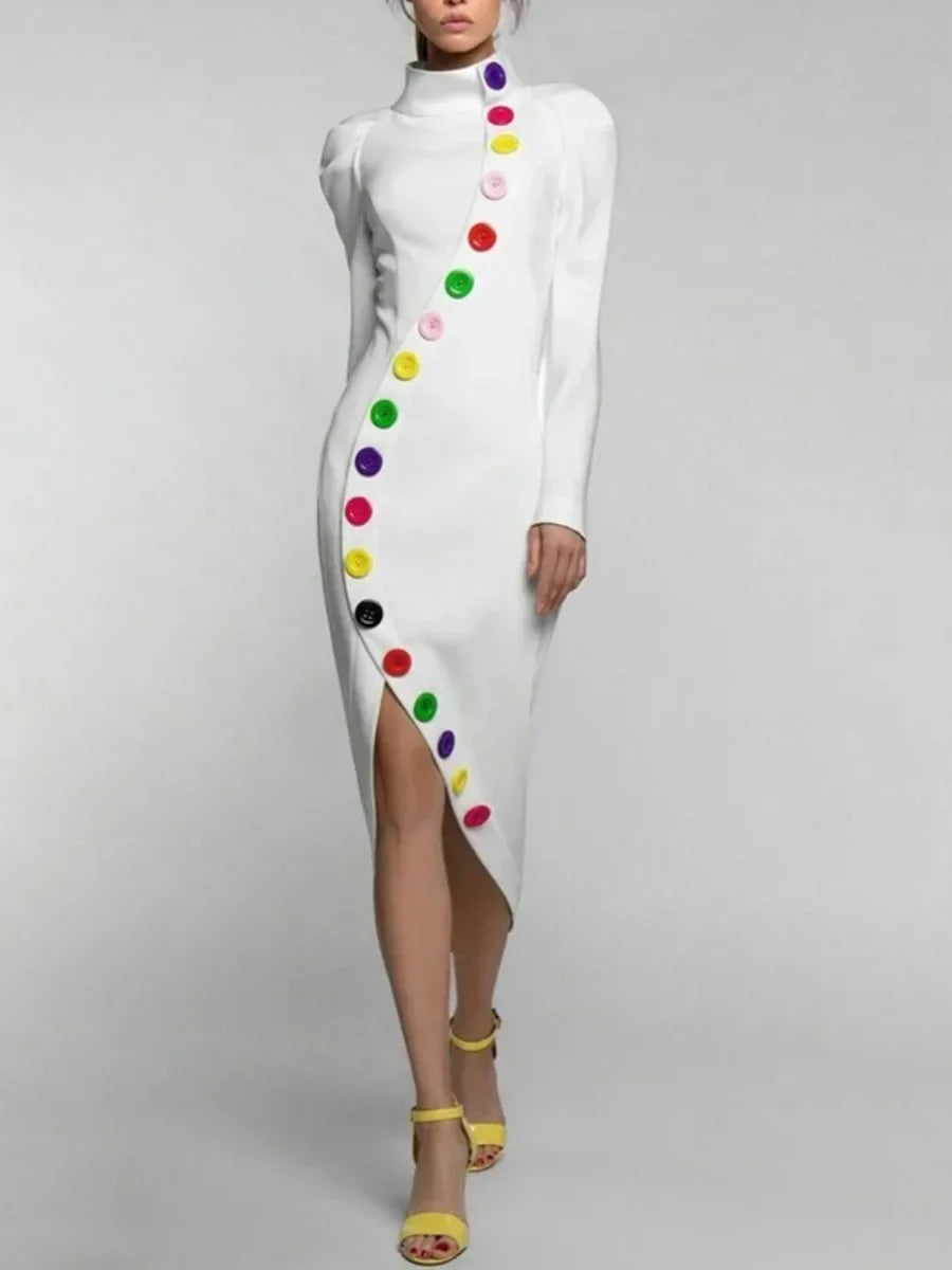 X-shape High-Neck Party Dress Colorful Buttoned Long Sleeves Dresses