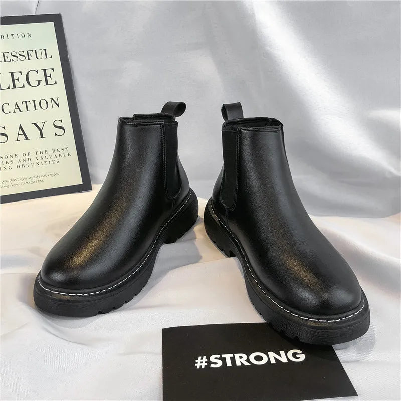 Mens Handmade Leather Chelsea Boots Elastic Sides Business Casual Dress Shoes Anti Slip Sole Comfortable Black Footwear