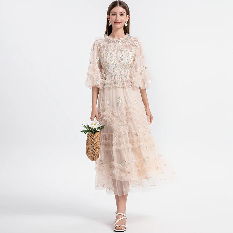 Summer Holiday Embroidery Flower Ruffles Midi Party Evening Dress