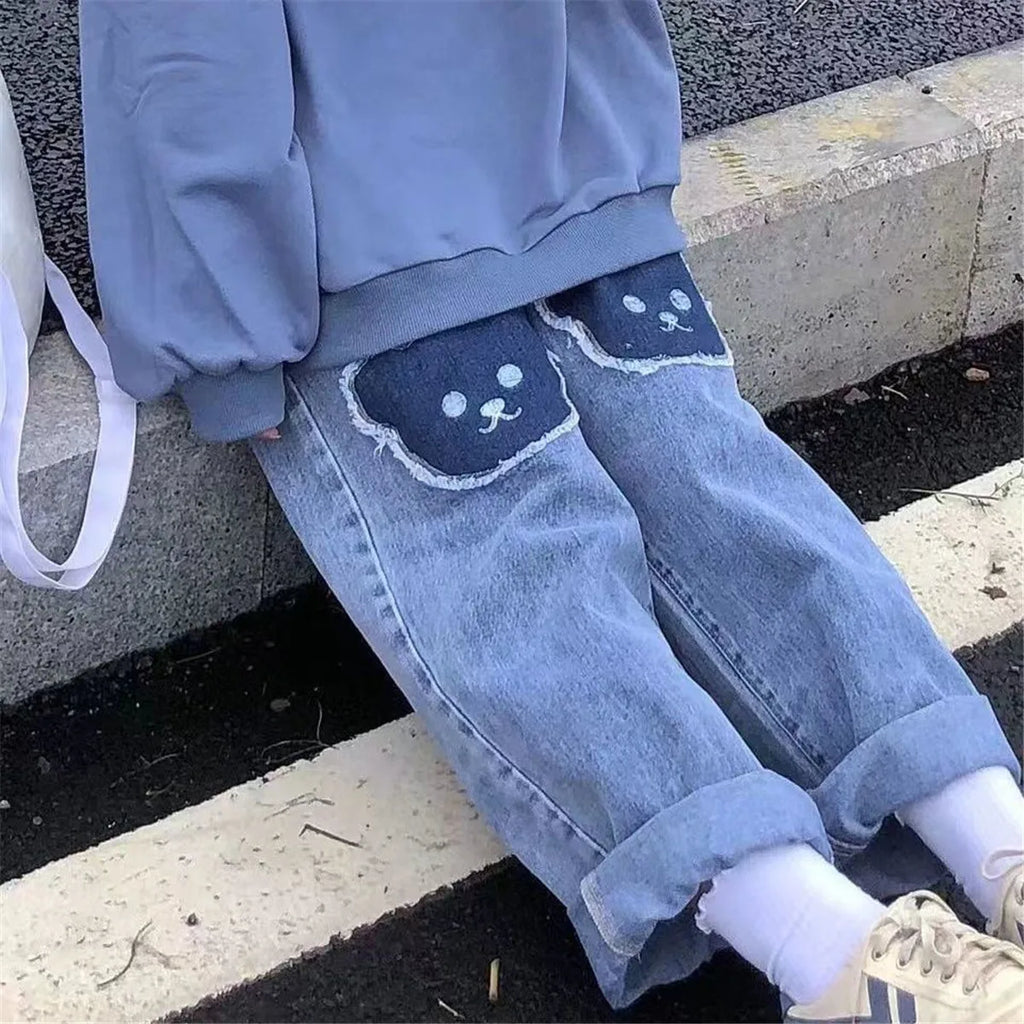 2023 Cute Hip Hop Bear Jeans Girls Cool Harm Pants Trousers Female Punk High Waist Denim Baggy INS Autumn Harajuku Jeans Femme