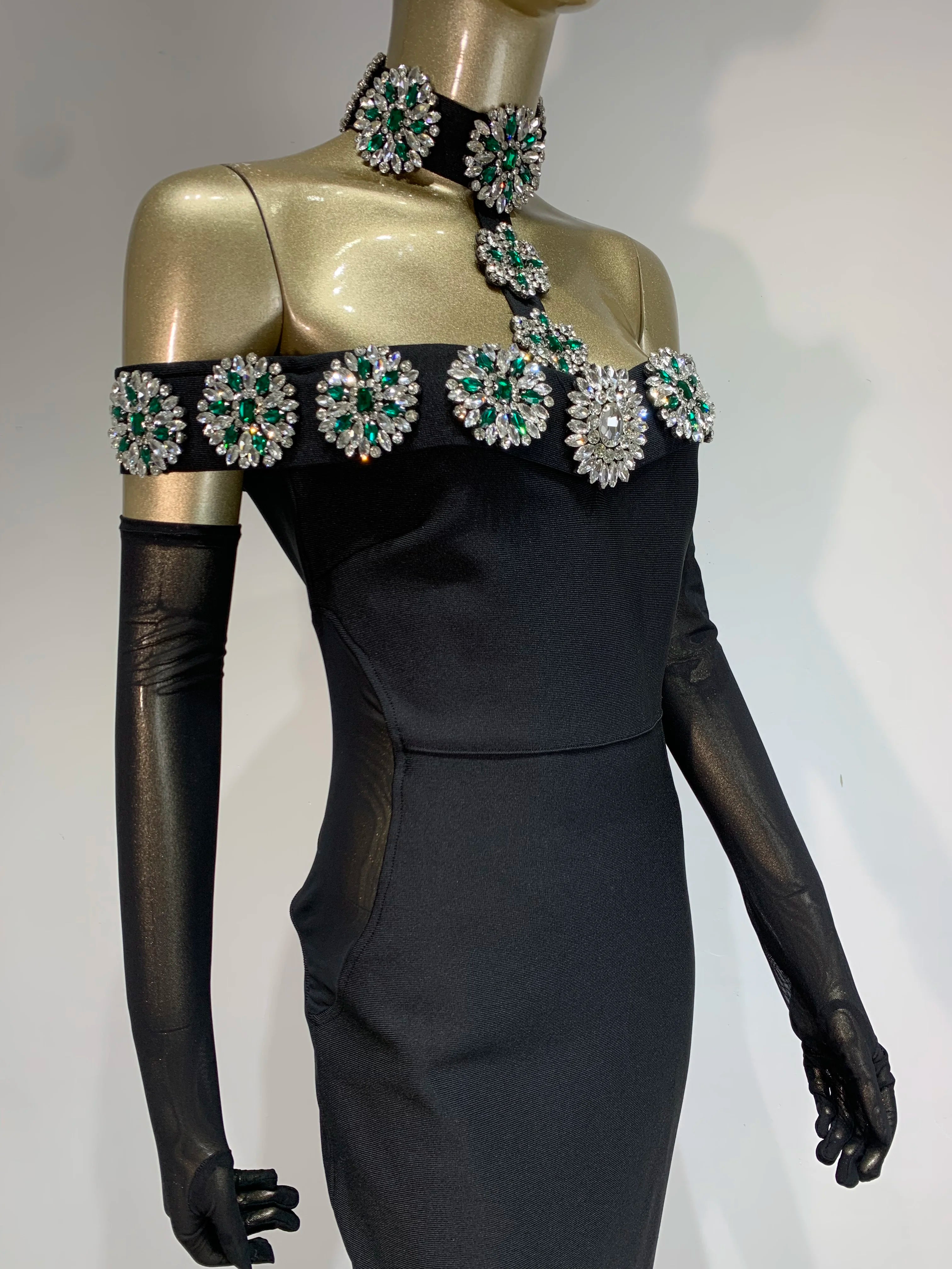 Bandage Dress Women Celebrity Sexy Diamonds Crystal Black Maxi