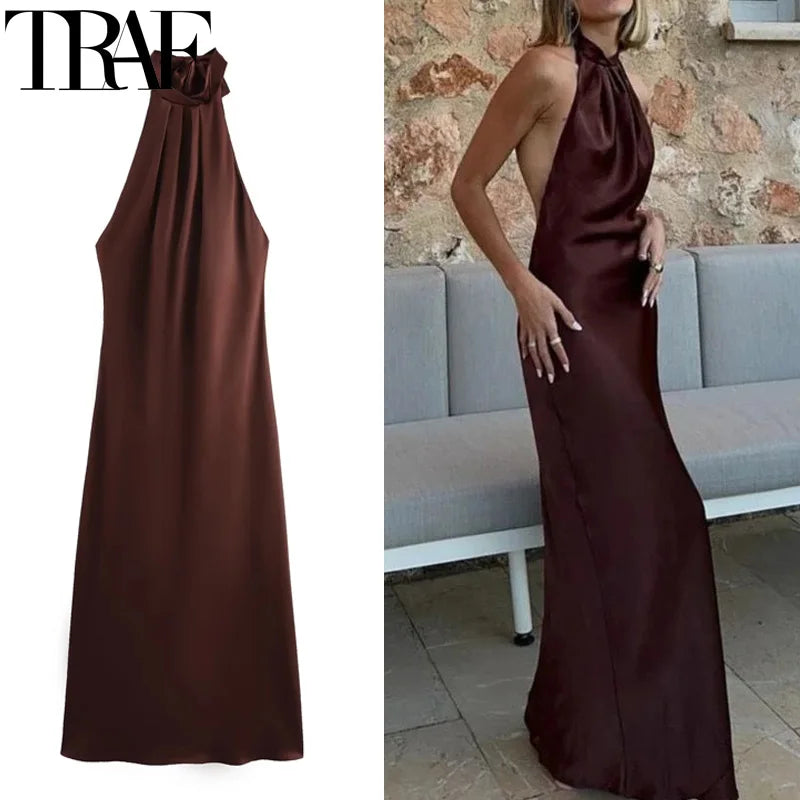 Halter Satin Long Dress Women Tied Backless Brown Midi Dress