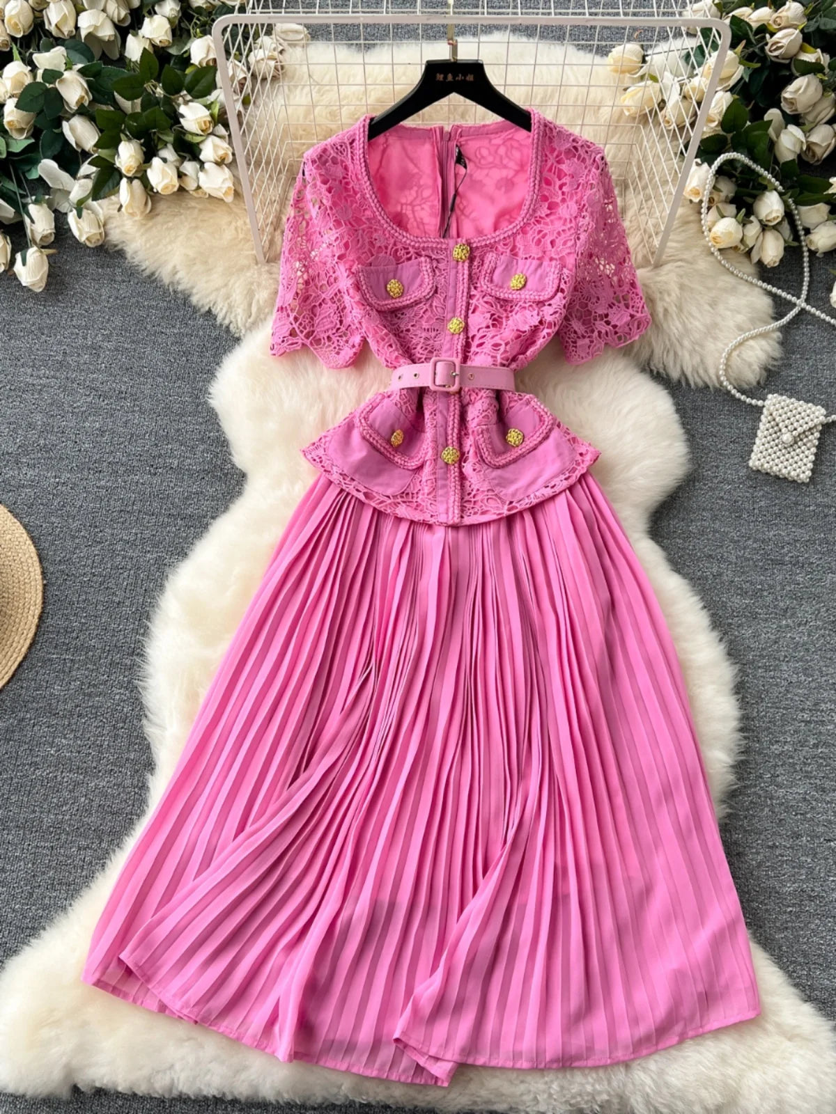 Designer Summer Pleated Chiffon Lace Long Dress