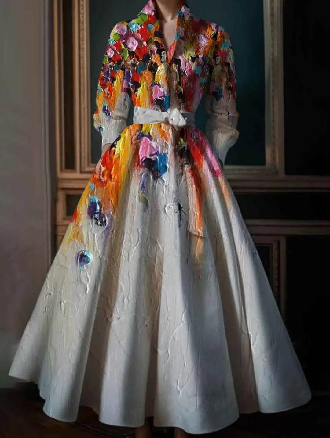 Vintage Floral Printing A-Line Dress Multicolor Turndown Collar