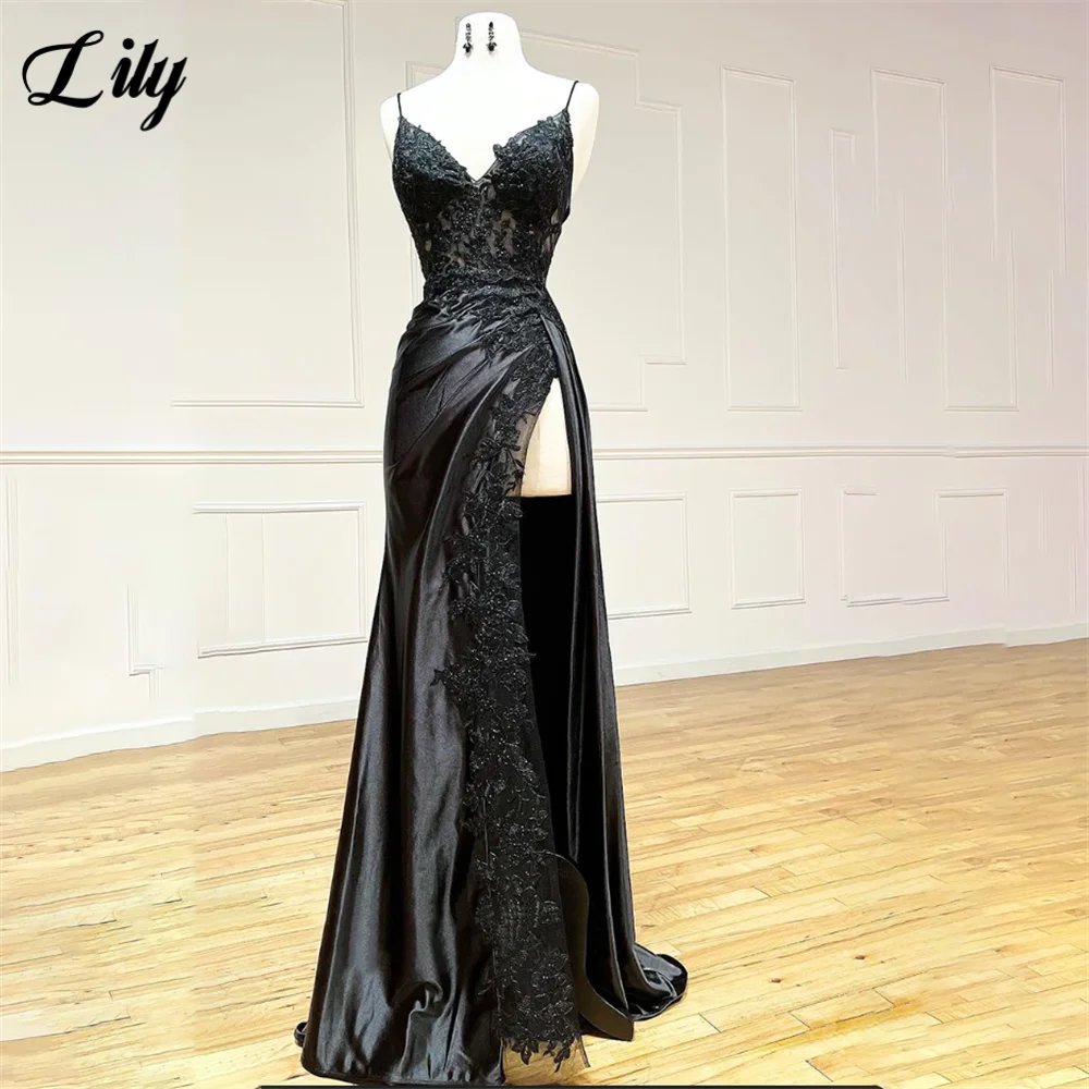 Lily Spaghetti Strap Black Prom Dress
