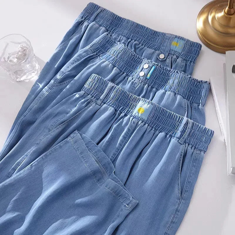 Loose Fit Ice Silk Denim Casual Pants Women's Summer Trendy Brand Thin Wide Leg Pants High Waist Wide Leg Jeans