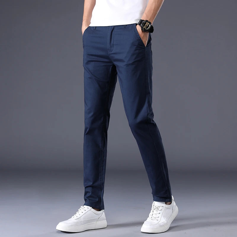 Summer Thin Men's Casual Pants Cotton 7 Colors Classic Style Elastic Straight Slim Fit Business Fashion Long Trousers Male