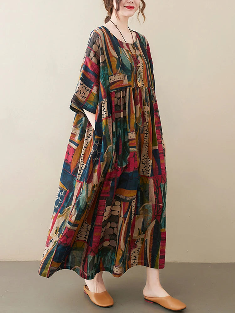 Short Sleeve Cotton Linen Vintage Print Summer Long Dresses For Women 2025 Casual Loose Holiday Ladies Dress Elegant Clothes