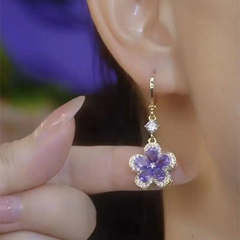 Purple Crystal Zircon Flower Drop Earrings for Women