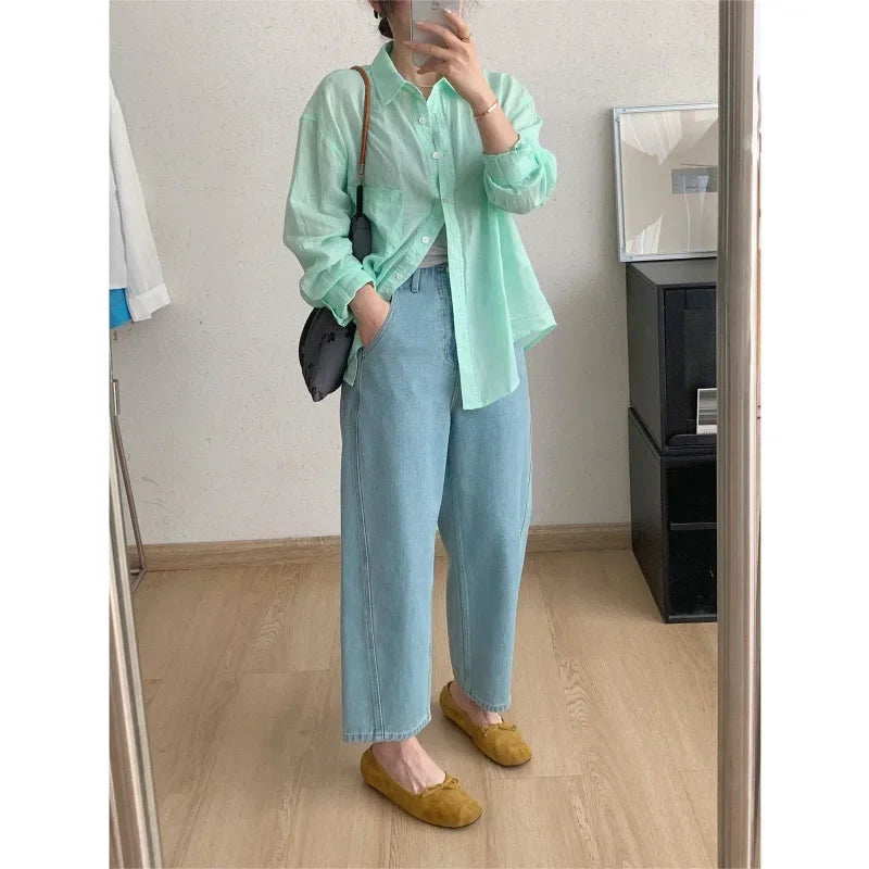 2024 Pear-Shaped Body Harajuku Jeans Women's Summer Thin Plus Size High-Waisted Banana Milk Latex Cropped Pants