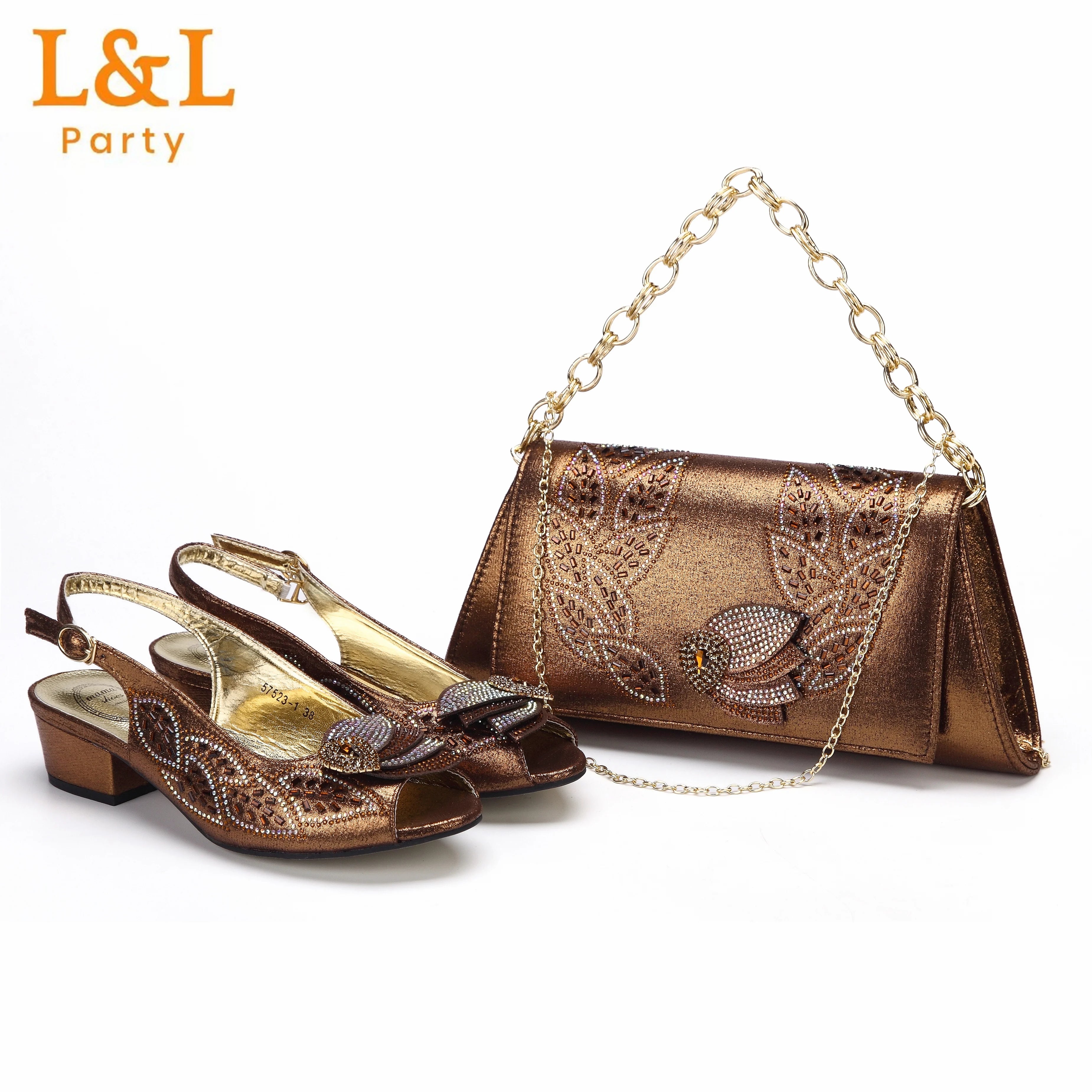 Low Heels Pumps Matching Hand Bag in Champagne Color High Quality for Wedding
