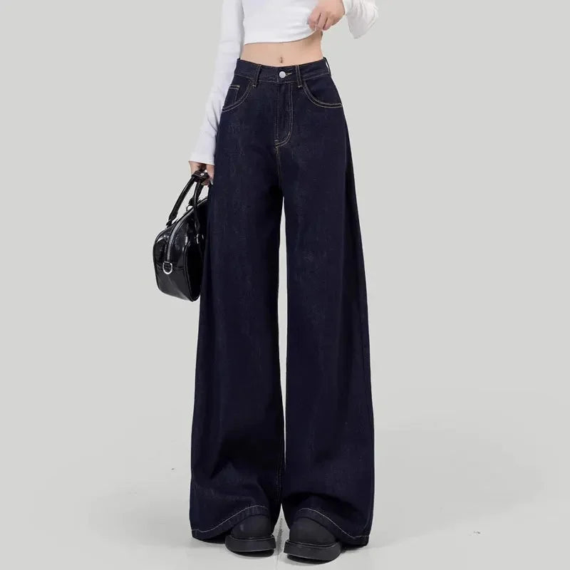 Women's Loose-Fit Jeans High-Waisted Straight-Leg Niche Draped Lazy Walking Wide-Leg Long Pants Deep Blue Autumn Season