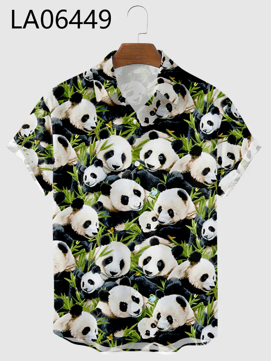 2024 Men's Shirts Creative Panda Printed Short Sleeve Shirt Men Street Summer Hawaii Beach Retro Harujuku For