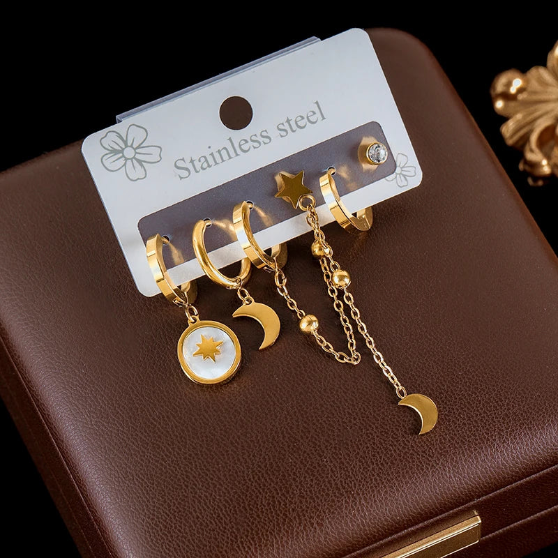 Stainless Steel Moon Flower Heart Dangle Earrings For Women