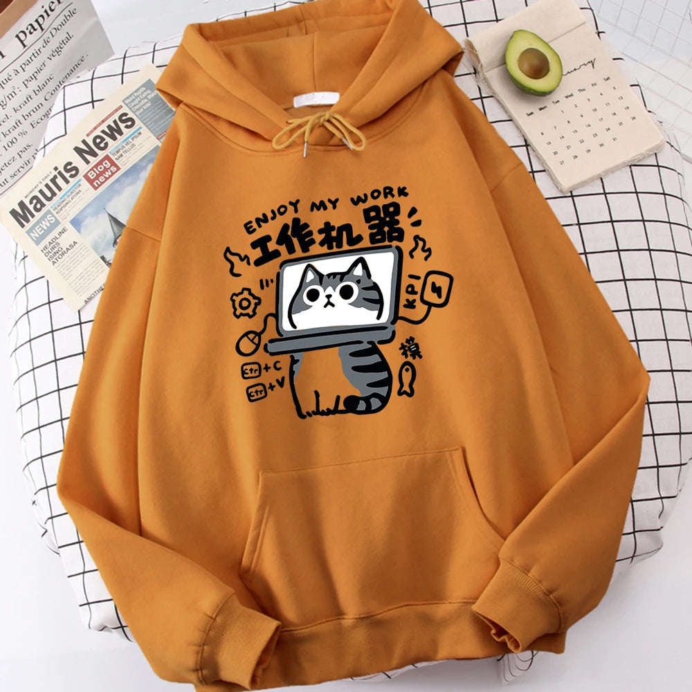 Cartoon Cat Is An Abstract Work Machine Mans Sweatshirt Comfort Sweatshirts Leisure Outdoor Pullover Youth Popular Clothes