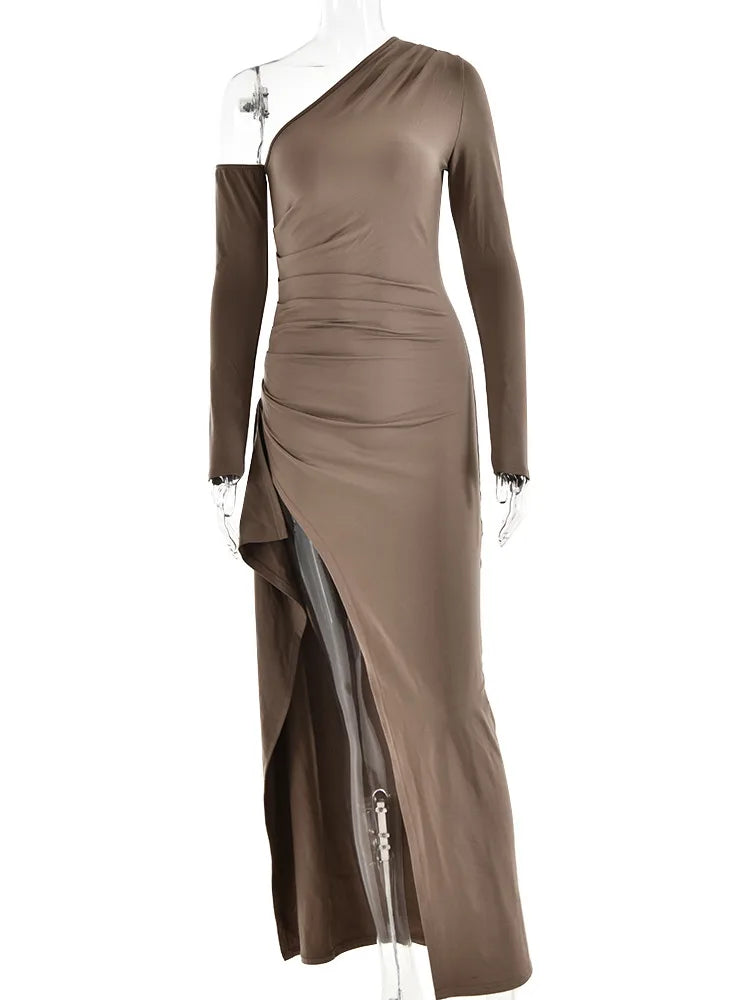 Oblique Shoulder Thigh High Split  Long Sleeve Backless Long Dress