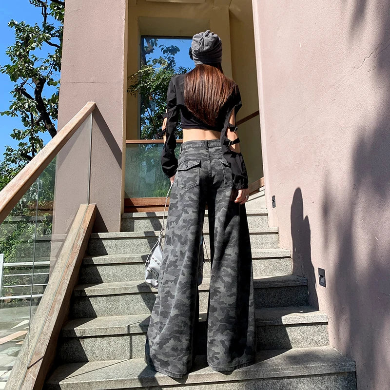 Women Pants High Waist Women's Overalls High-waist Jeans 2000s Clothes Y2k Shorts Contrast Color Gothic Style Wide Legs Jorts
