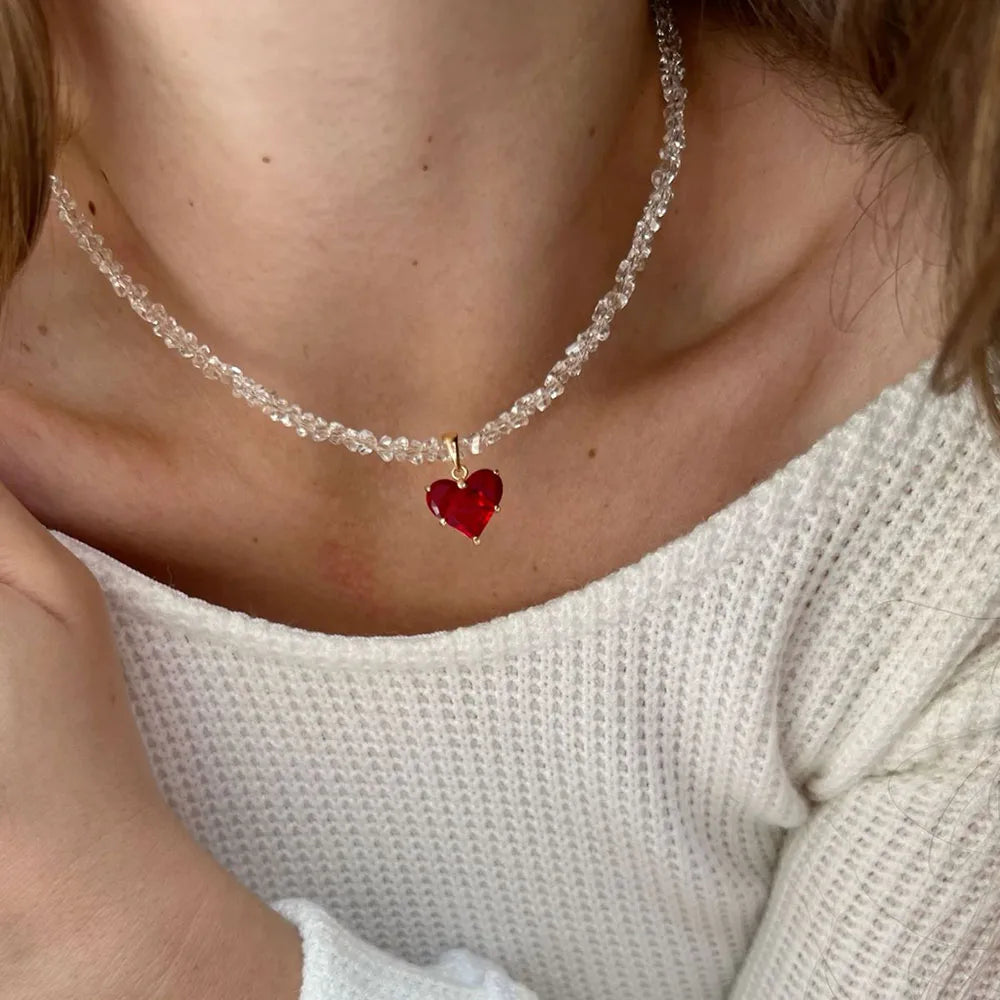 Irregular Beads Chain With Crystal Heart Pendant Necklace for Wome