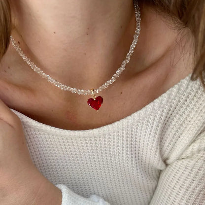 Irregular Beads Chain With Crystal Heart Pendant Necklace for Wome