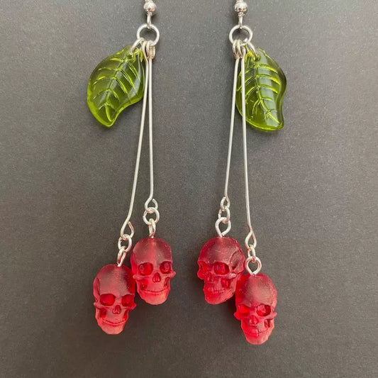 Gothic Skull Cherry Earrings For Women Fashion Pagan Witch Jewelry Accessories Gift Red Vampire Skull Green Leaf Ear Hooks Trend