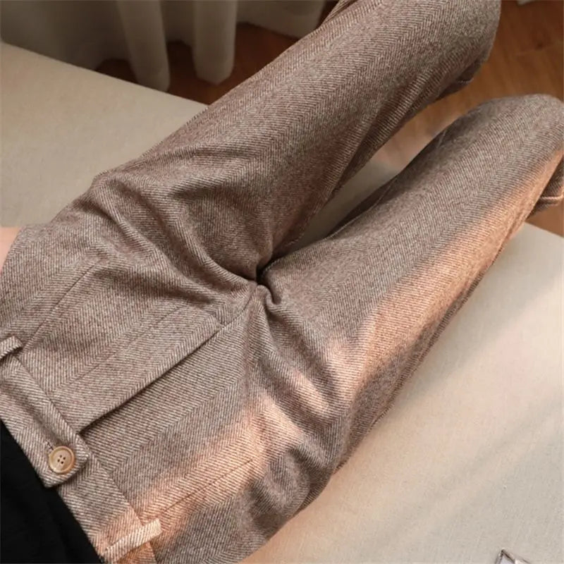 Korean Woolen Pants Women's Autumn Winter Clothing New High Waist Slimming Straight Leg Casual Pants Haren Suit Pants