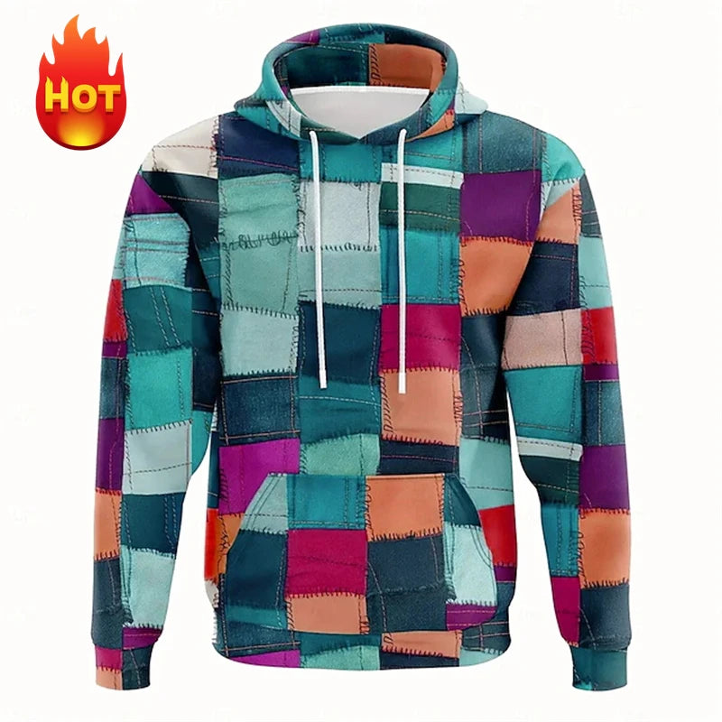 Y2K Men's Hoodie 3d Simulation Stitching Plaid Print Hooded Sweatshirts Pop Men Clothing Oversized Street New Designer Pullovers