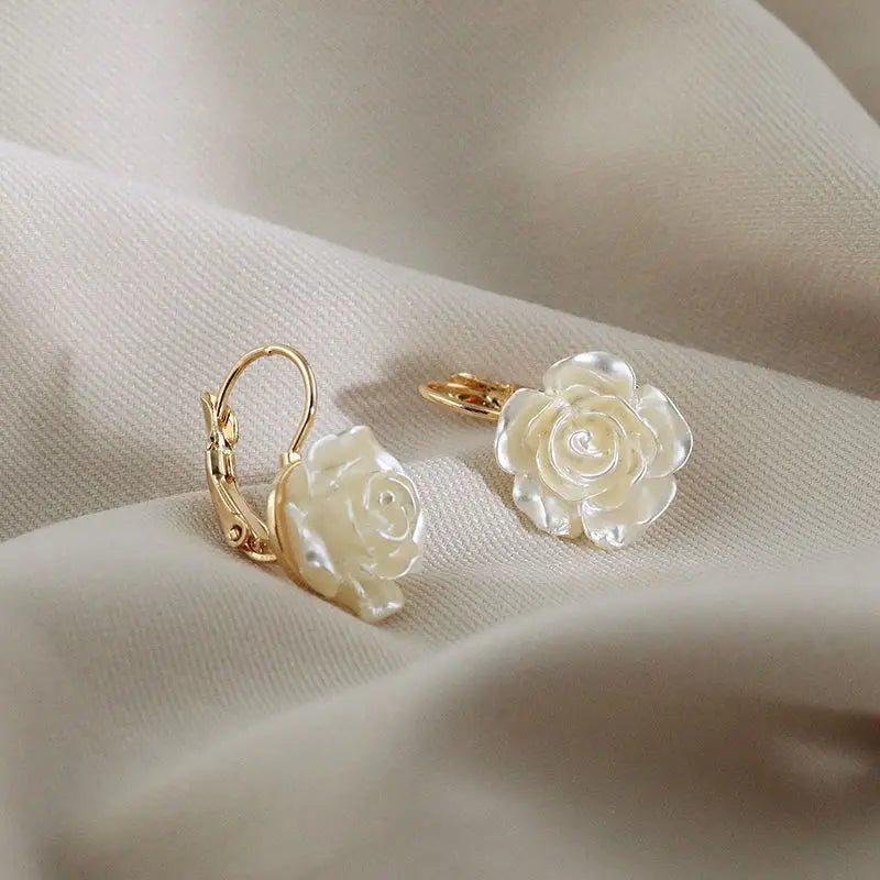 White Camellia Flower Dangle Earrings For Women