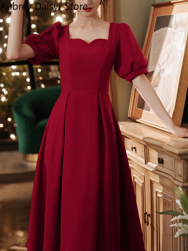 Elegant Red Midi Dress Women Summer Korean Vintage Evening Party Dress French Casual Fashion Formal Occasions One Piece Dress