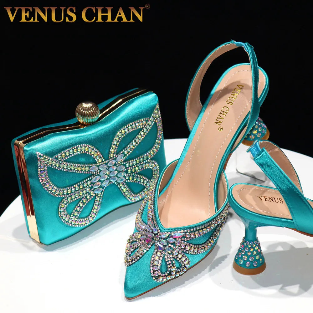 Elegant Green Bling Bow Pointed Toe Pumps for Women and Bags