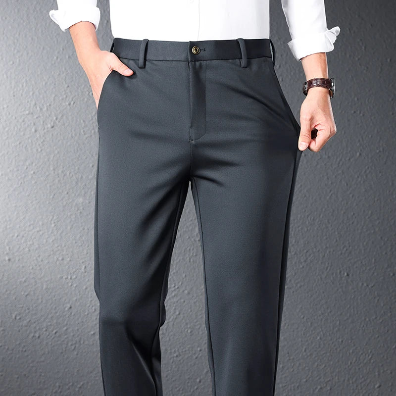 Stretch Suit Pants Men's Summer Thin Straight Business Trousers Ice Silk Casual Drape Breathable Formal Male Work Clothes