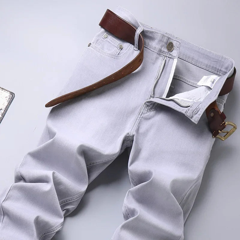 Lee Dex Cross-Border Trade Men's Straight-Leg Slim Fit Jeans Spring Summer Thin Light Grey Stretch Business Youth Casual Denim