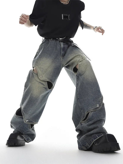 Wide Leg Jeans Pants Men Streetwear Baggy Distressed Denim Trousers