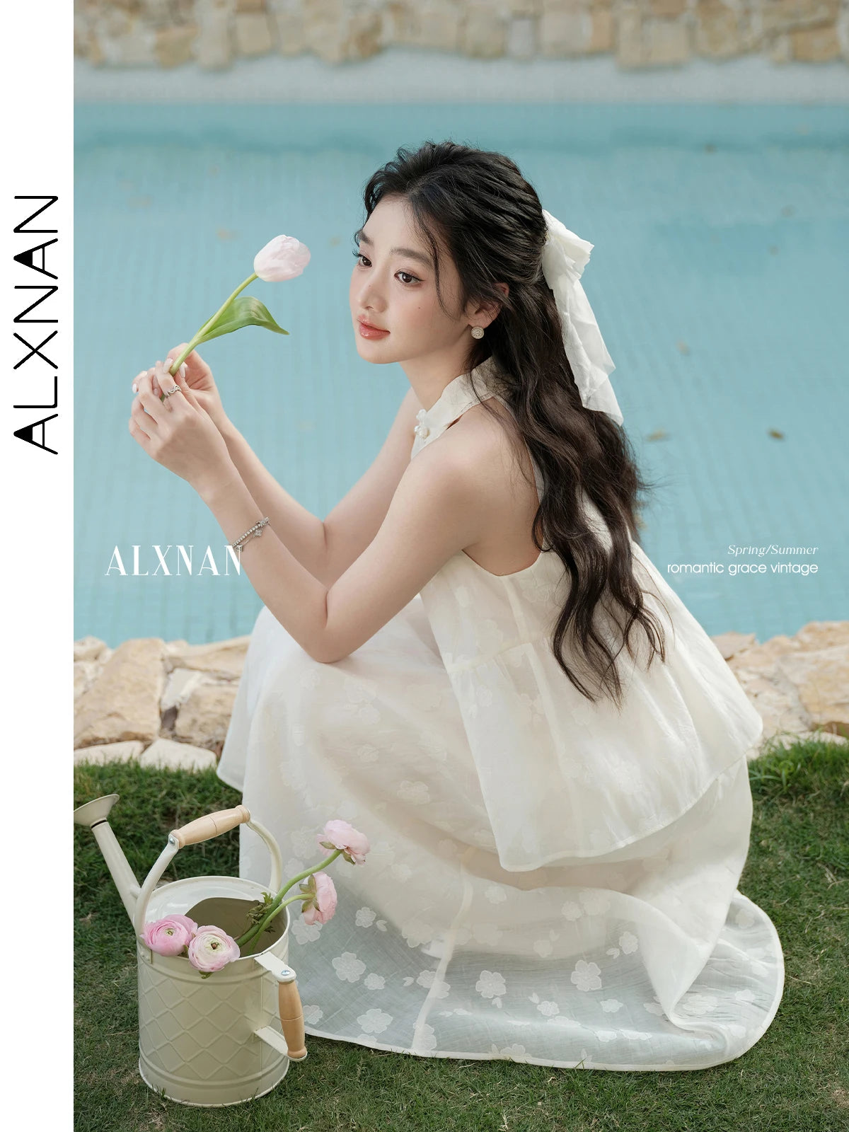 ALXNAN Women's Dress 2025 Summer Vacation Long One-piece Dress Elegant Holiday Party Casual Sleeveless Ladies Clothing L53733