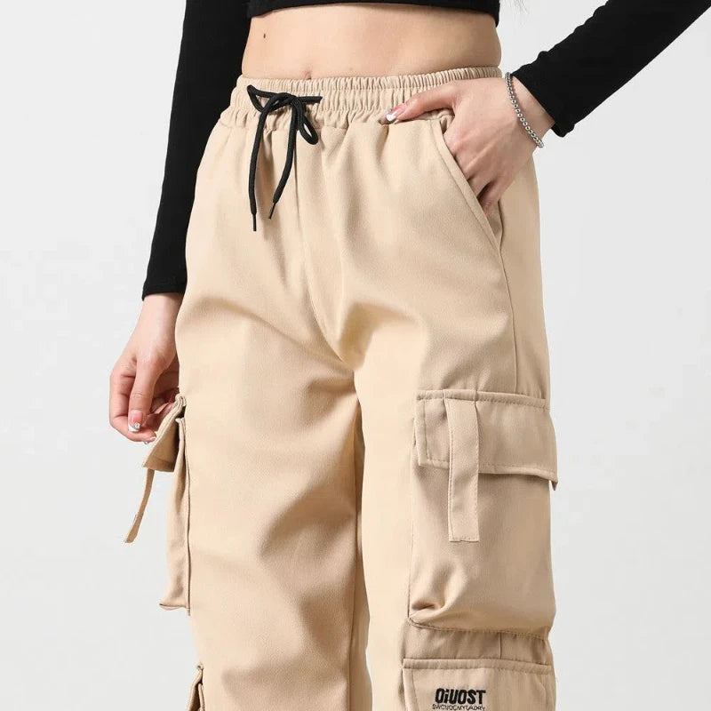 High Street Hip Hop Cargo Pants Women Solid Pocket Elastic High Waist