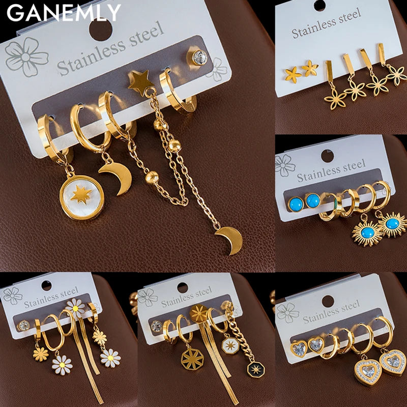 Stainless Steel Moon Flower Heart Dangle Earrings For Women