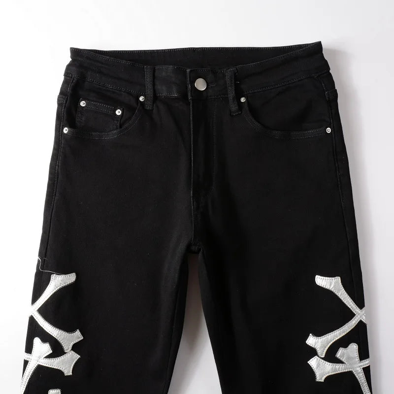 Classical White Bones Patchwork High Street Slim Fit Ripped Jeans