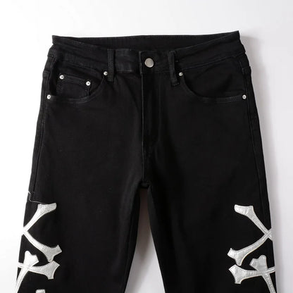 Classical White Bones Patchwork High Street Slim Fit Ripped Jeans