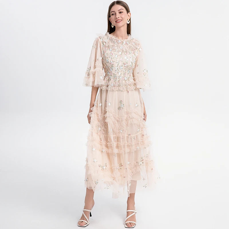 Summer Holiday Embroidery Flower Ruffles Midi Party Evening Dress