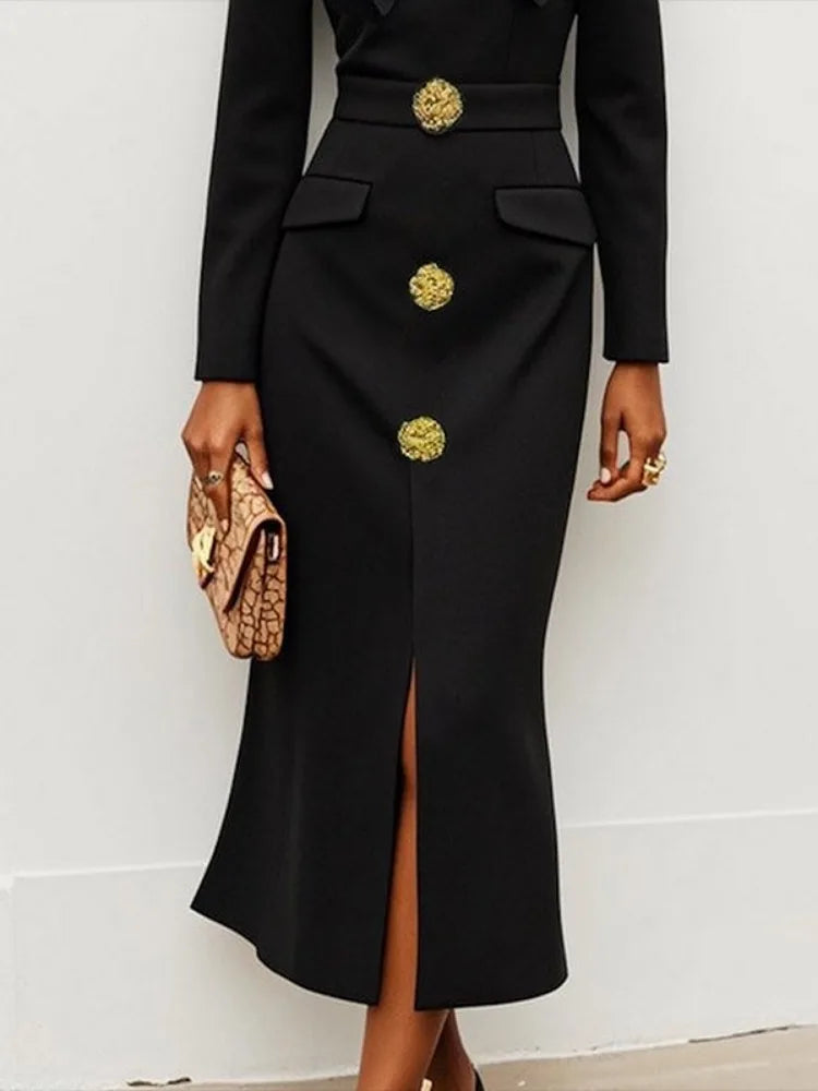 Bow Tied Buttoned Long Sleeve Slim Fit Ankle-length Dress