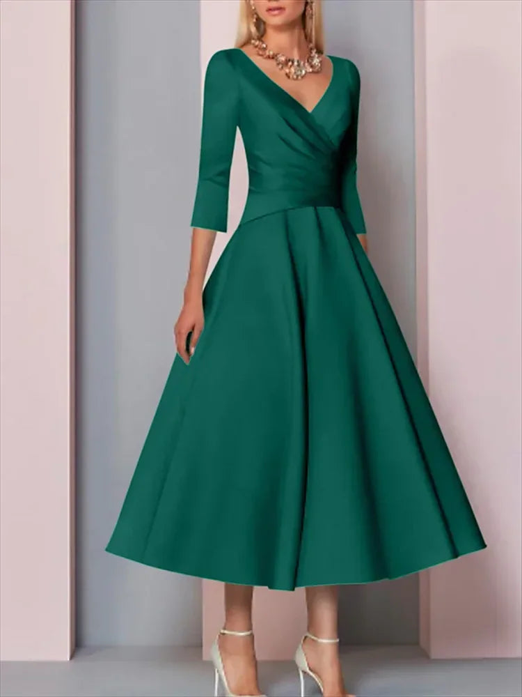 Evening Dress Women Elegant Sexy Satin Deep V-neck 3/4 Sleeves