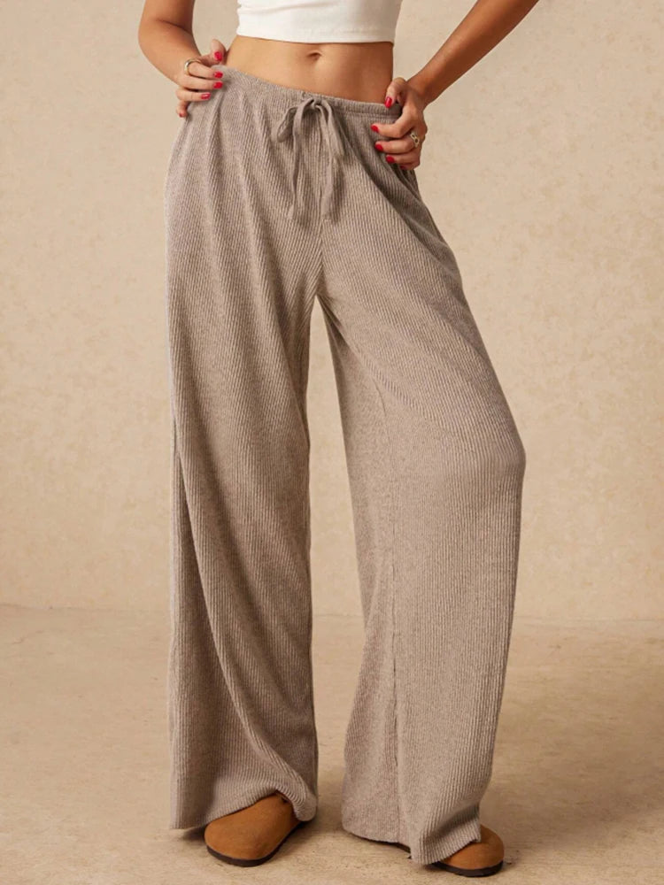 Women's Casual Slim, Simple and Comfortable Daily Versatile Solid Color Drawstring Straight Wide-Leg Trousers