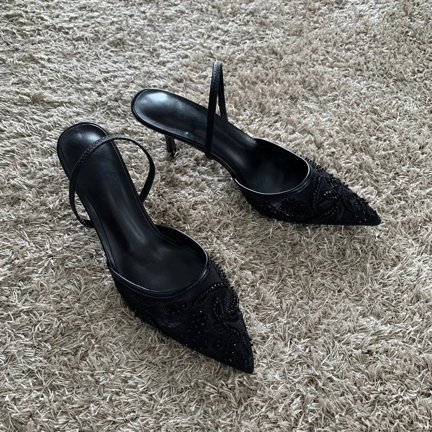 Mesh Embroidered Thin High Heels Sandals Women 2025 Summer Sexy Slingback Pointed Toe Pumps Dress Shoes Woman Sandalias De Mujer