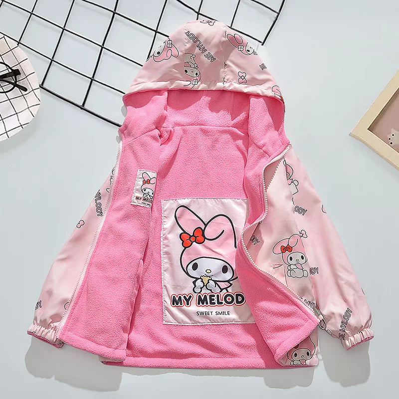 2025 Spring Autumn Kids Girls Hooded Coats Teen Sanrio My Melody Double Sided Wear Velvet Windbreaker Jackets Children Outerwear