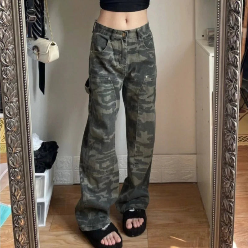 Autumn Spring Vintage Camouflage Jeans Women Denim Pants High Waist Straight Trousers Fashion Female Casual Wide Leg Pants
