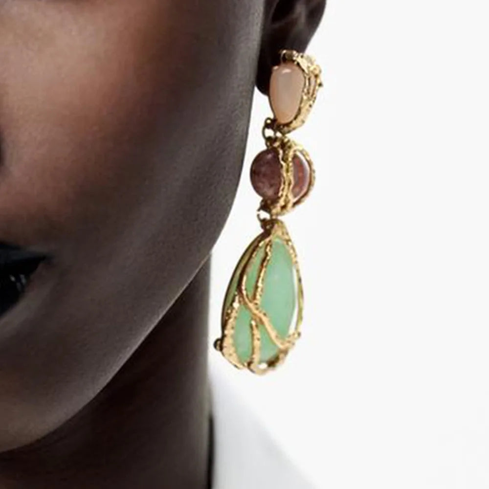 Trendy Geometric Green Stone Resin Dangle Earrings for Women