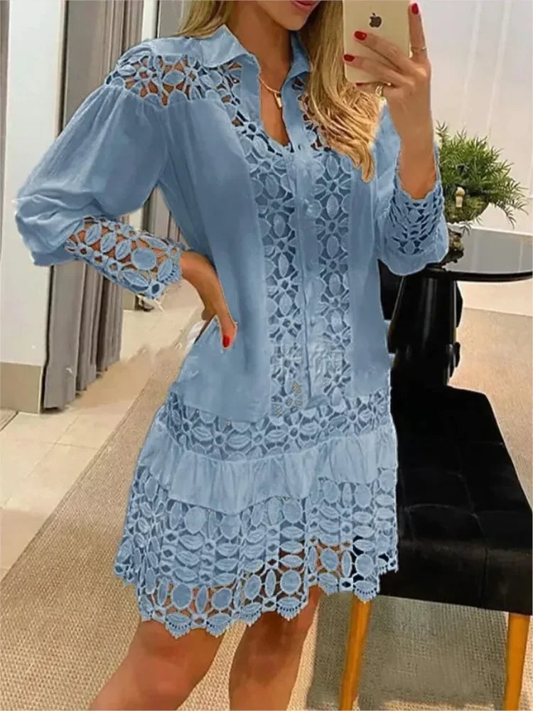 Women Long Sleeve 2 Piece Sets Solid Color Lace Splicing Elegant Prom Dress