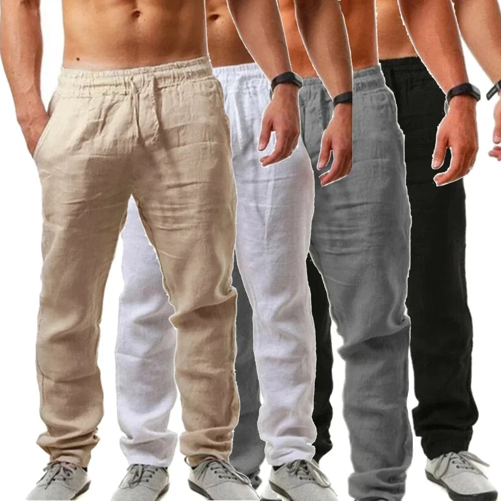 Men's Linen Pants Cotton Linen Long Pants Summer Casual Loose Drawstring