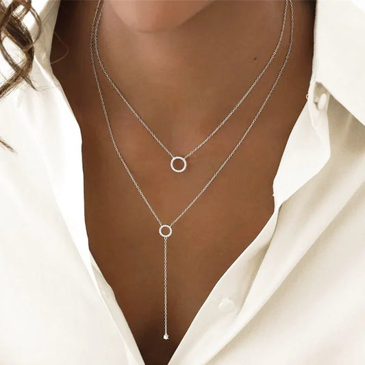 Sterling Silver Circle Zircon Pendant Long O-Chain Choker Necklace