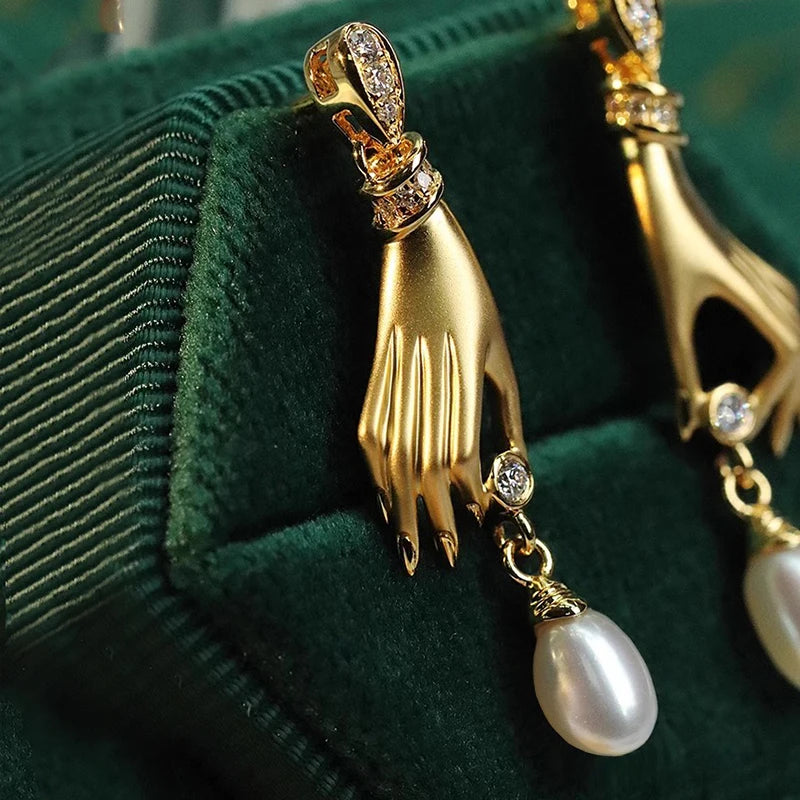 Novel Design Hand with Imitation Pearl Dangle Earrings for Women